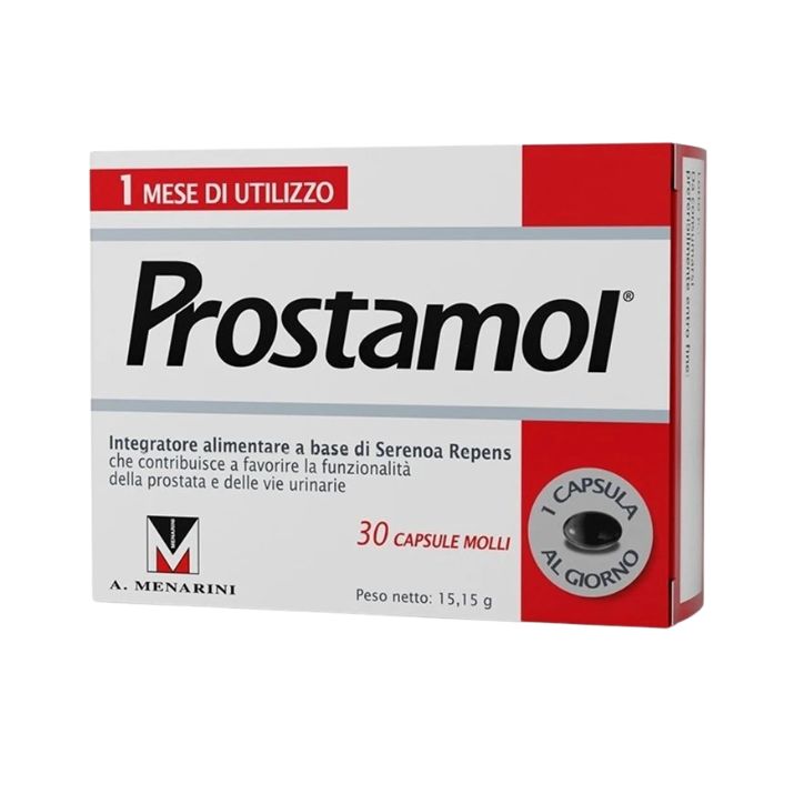 Immagine di una confezione di Prostamol, un integratore naturale in capsule vegetali con 320mg di estratto di Serenoa Repens per la salute della prostata, 30 capsule per confezione